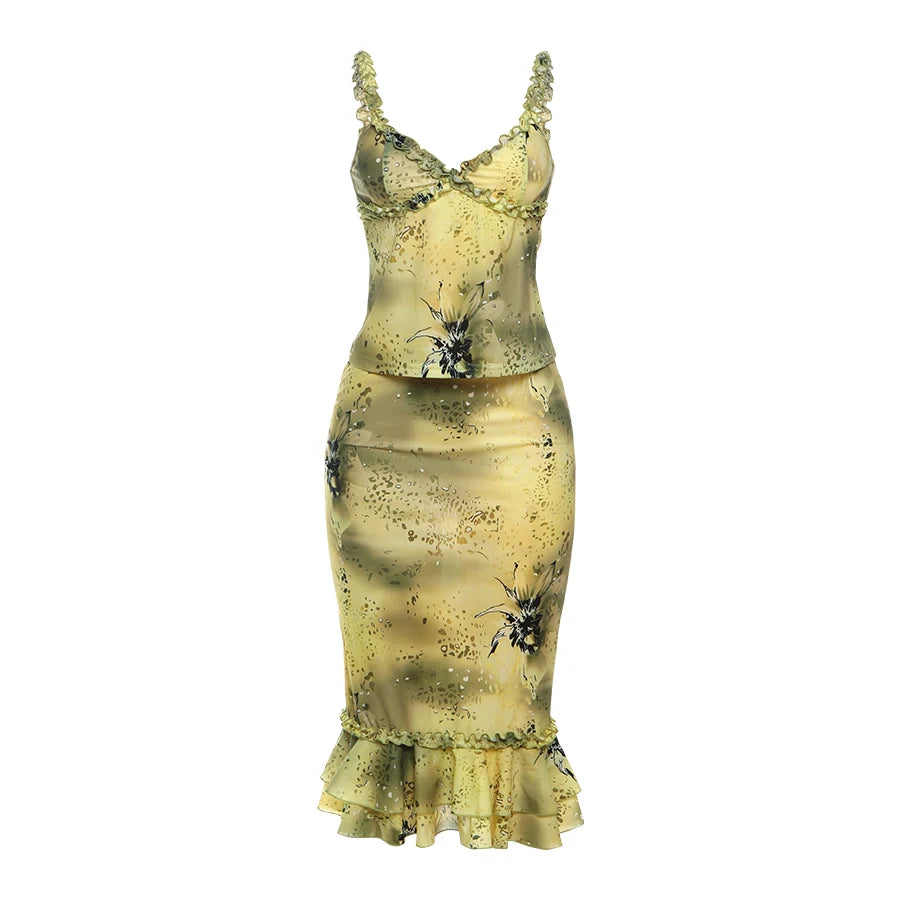 Weird Puss See Through Women 2 Piece Set Y2K Ruffles Patchwork Camisole+Tierred Skirts Matching Vacation Sexy Midnight Clubwear