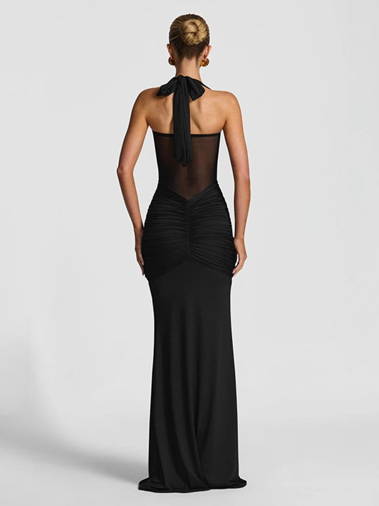 kliou Patchwork Elegant Women Maxi Dress Classic Sexy Sheer Ribbons Halter Backless Bodycon Female Trend Festival Evening Wear