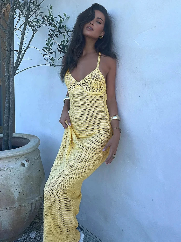 2026 Solid Colour Sexy Knit Cut Out Holiday Swimsuit Cover Up Women's Summer V-Neck Spaghetti Strap Bodycon Beach Maxi Dress K32