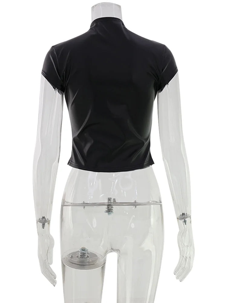 CNYISHE PU Leather Button Solid Short Sleeve Women Tops Sheath Fashion High Collar Blouse Fitness Female Sexy Club Tees Chic