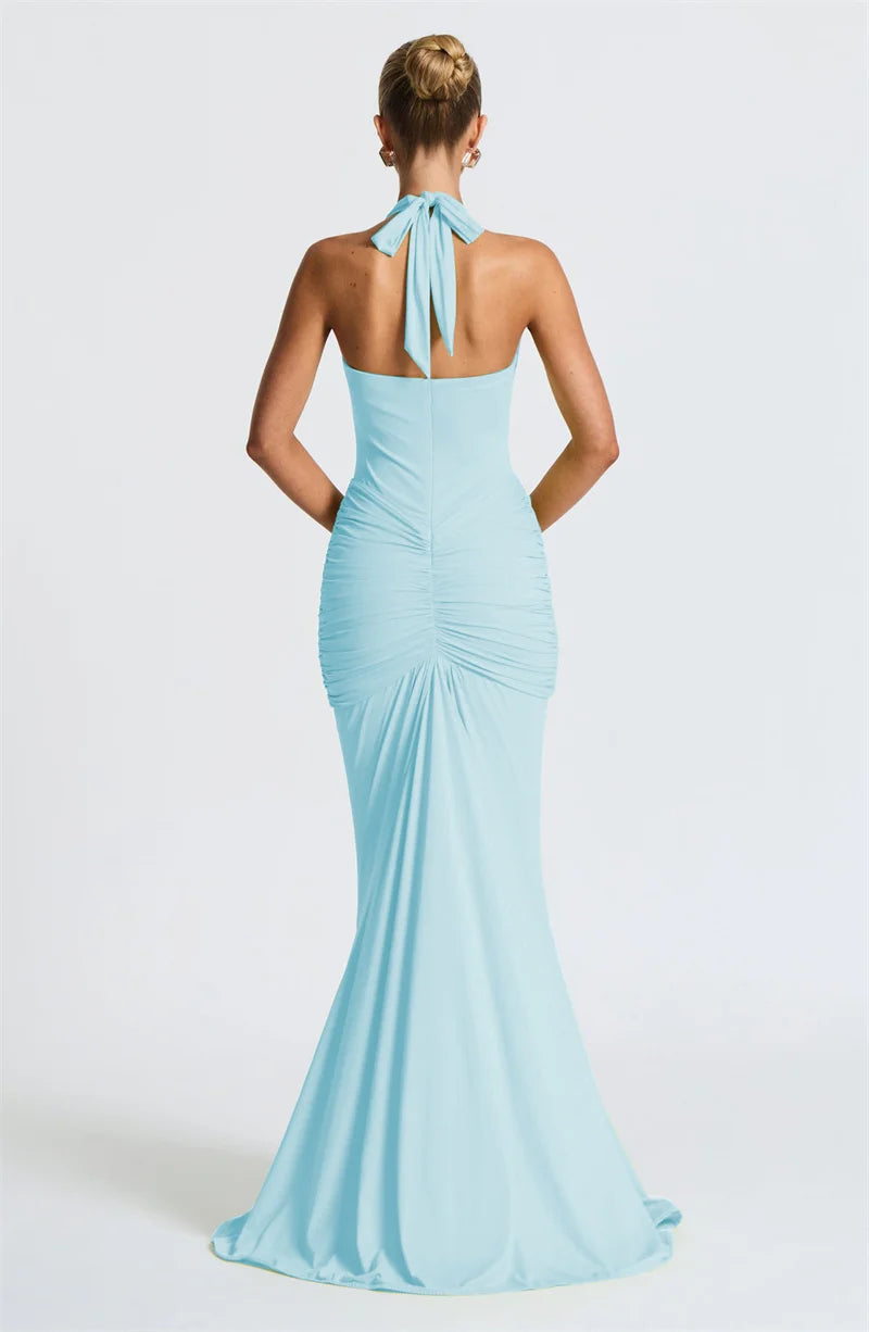Mozision Deep V Neck Draped Ruched Sexy Maxi Dress Women Summer Fashion Halter Sleeveless Backless Club Party Long Dress Elegant