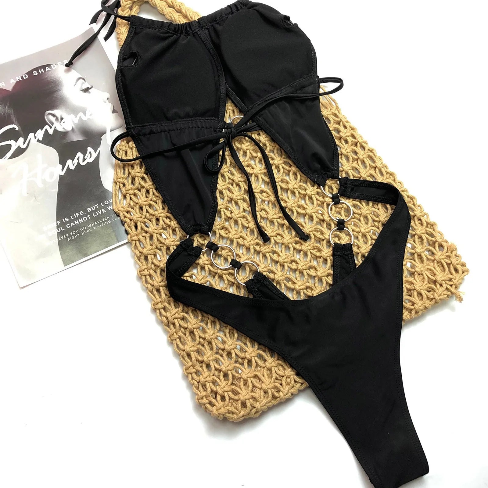 Sexy Bikini Personality Simple Female Swimsuit Solid Color Lace Up Sexy Bikini High Waisted Bikini Bottoms