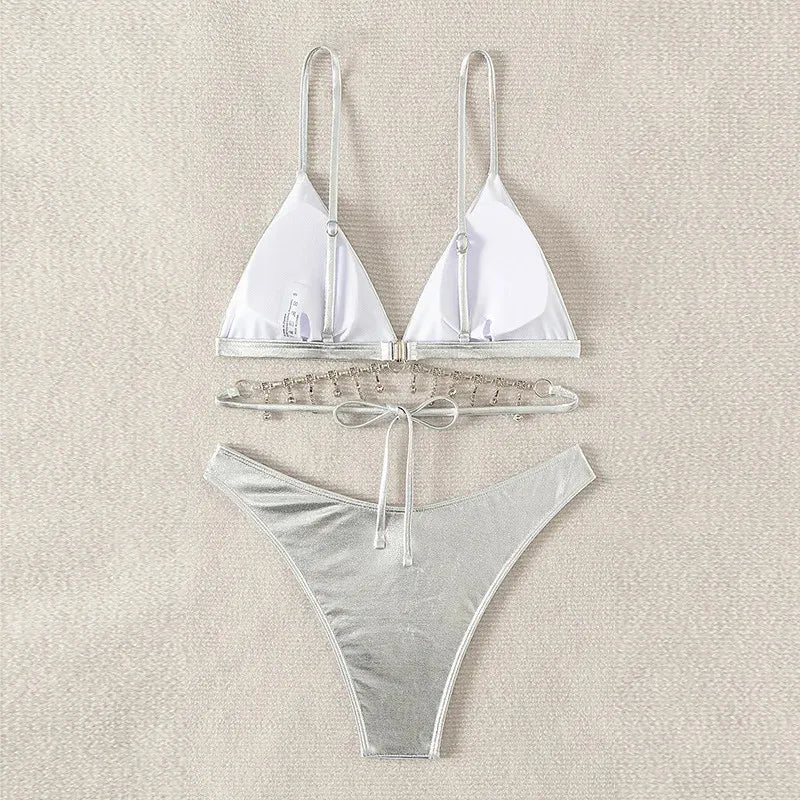 Silver Backless Swimwear Triangle Bikinis Sets Woman 2026 Sexy Swimsuit Summer High Leg Cut Bathing Suit Rhinestone Bikini Dames