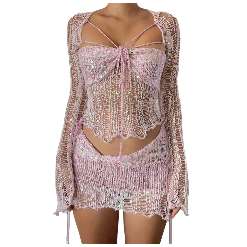 Crochet Knitted Dress 2 Piece Skirt Sets 2025 Women Clothes Sexy Crop Tops Nightclub Knit Sequin Dress 2 Piece Set Outfits