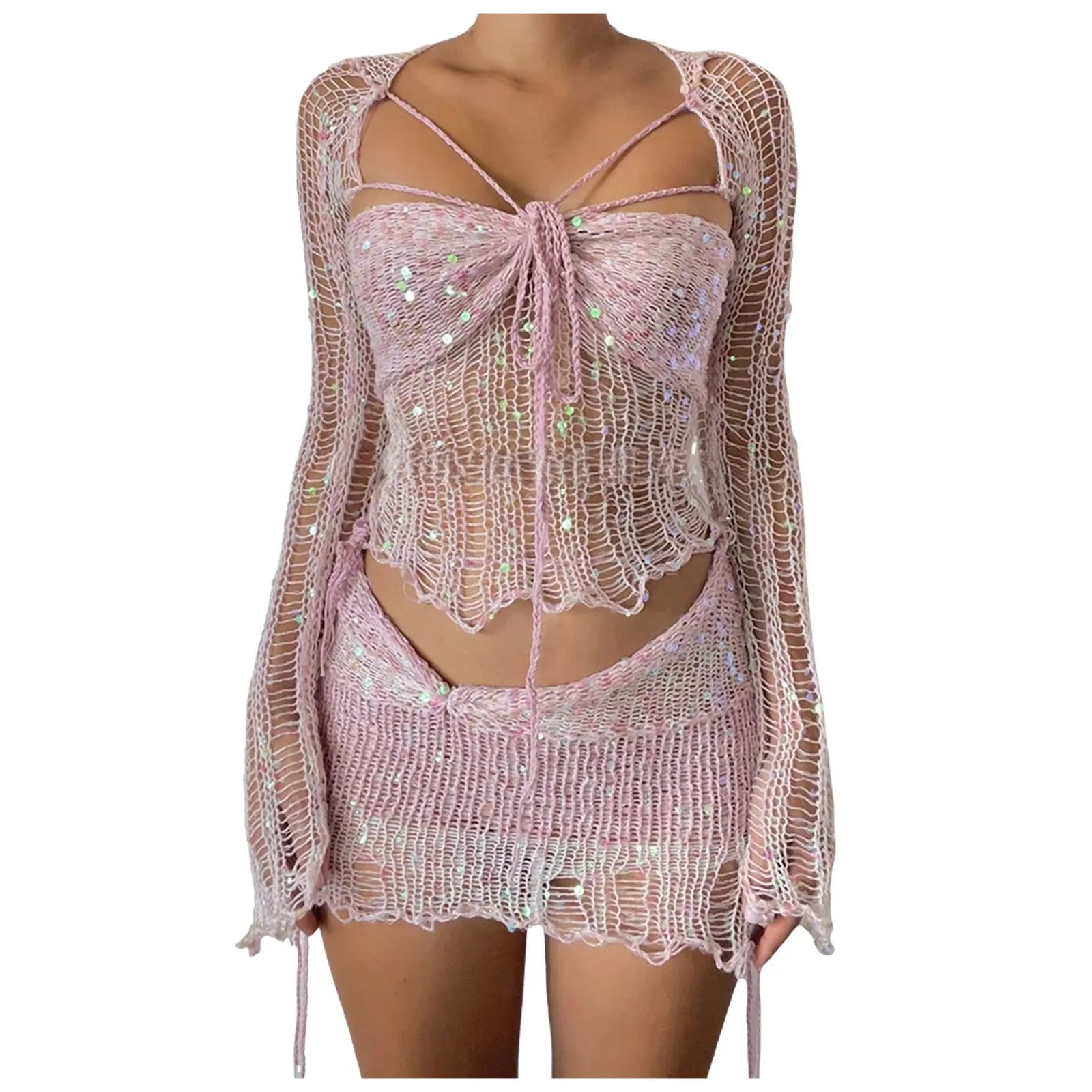 Crochet Knitted Dress 2 Piece Skirt Sets 2025 Women Clothes Sexy Crop Tops Nightclub Knit Sequin Dress 2 Piece Set Outfits