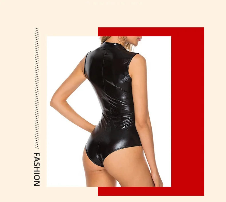 S-4XL Sleeveless High Collar Shiny Faux PU Leather Catsuit Two Way Zipper Open Crotch Bodysuit Tights Sexy Body Teddies Swimsuit