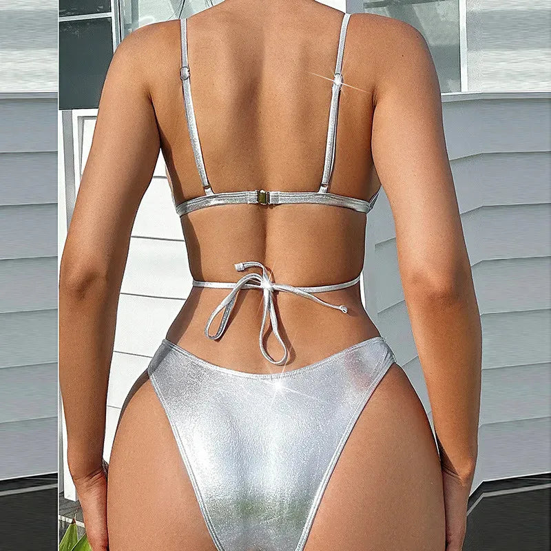 Silver Backless Swimwear Triangle Bikinis Sets Woman 2026 Sexy Swimsuit Summer High Leg Cut Bathing Suit Rhinestone Bikini Dames