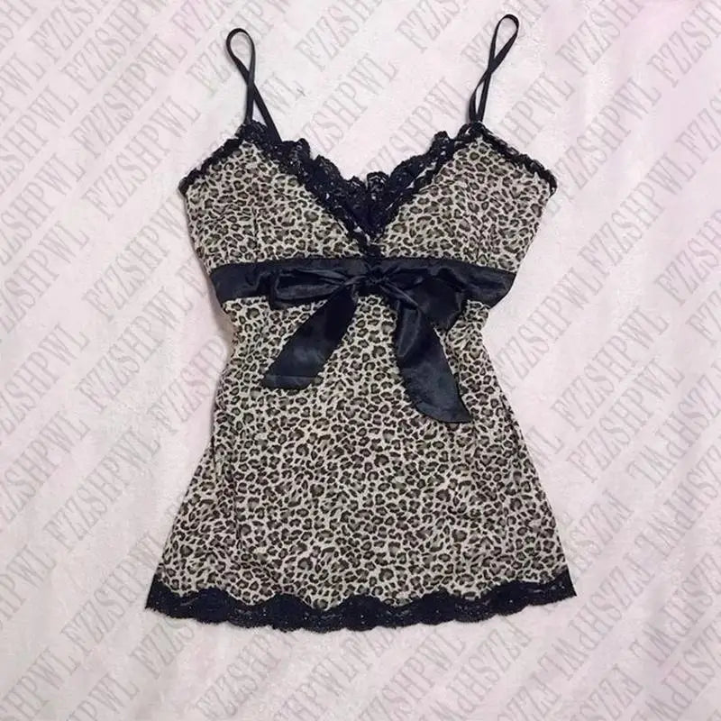 Y2K Skirt Leopard Drawstring Harajuku Streetwear Gothic Retro Mini Skirt Hip Hop Spicy Girls Low Rise Skirts Punk Fashion Dress