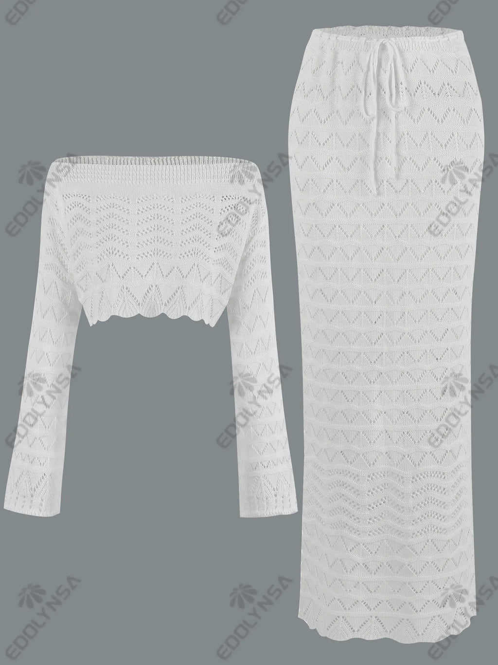 2025 Women Summer Sexy Knit One-neck Long Sleeve Short Top Drawstring Half Skirt Beach Two-piece Swimsuit Cover Up Chic Set K172