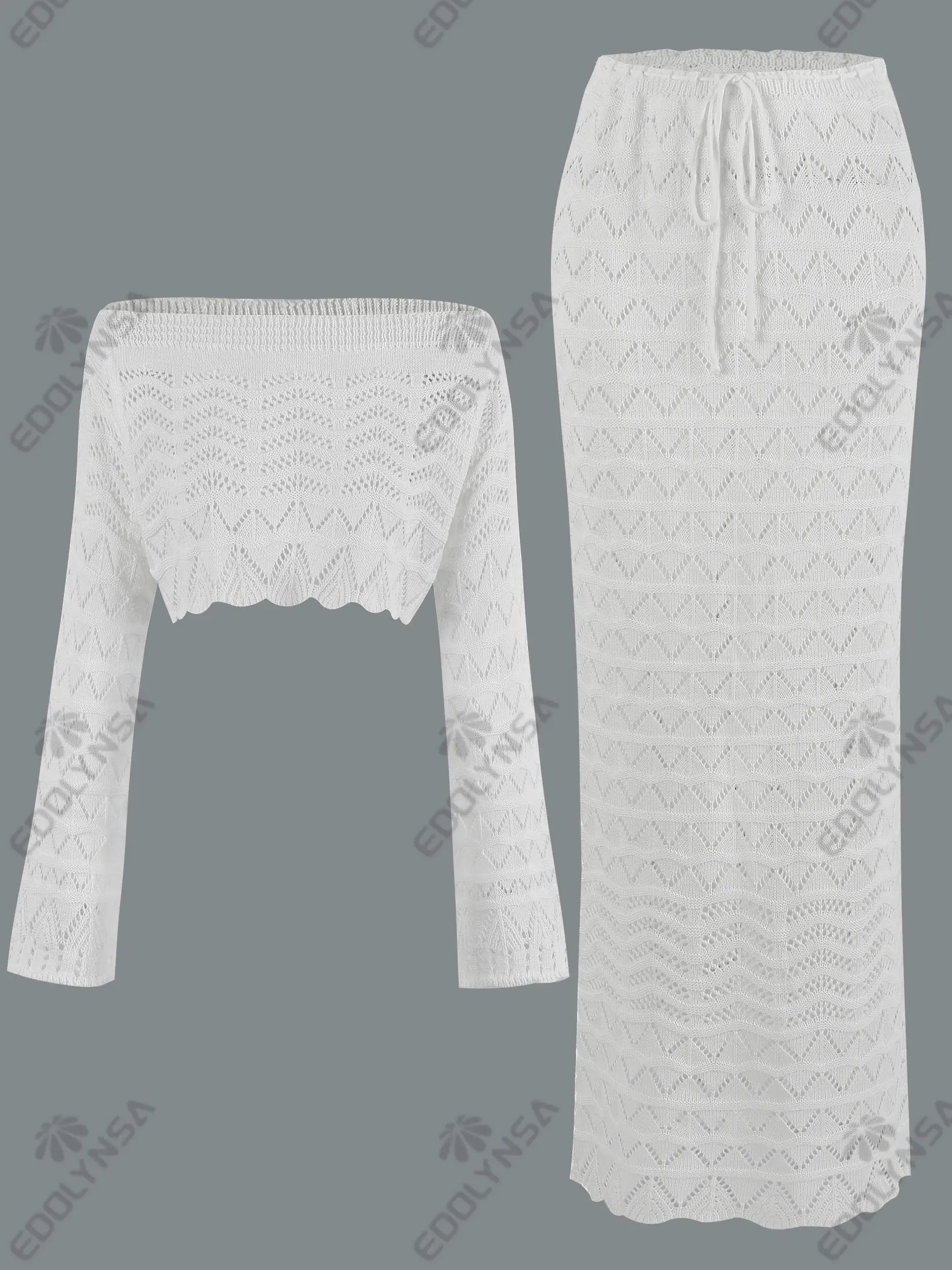 2025 Women Summer Sexy Knit One-neck Long Sleeve Short Top Drawstring Half Skirt Beach Two-piece Swimsuit Cover Up Chic Set K172
