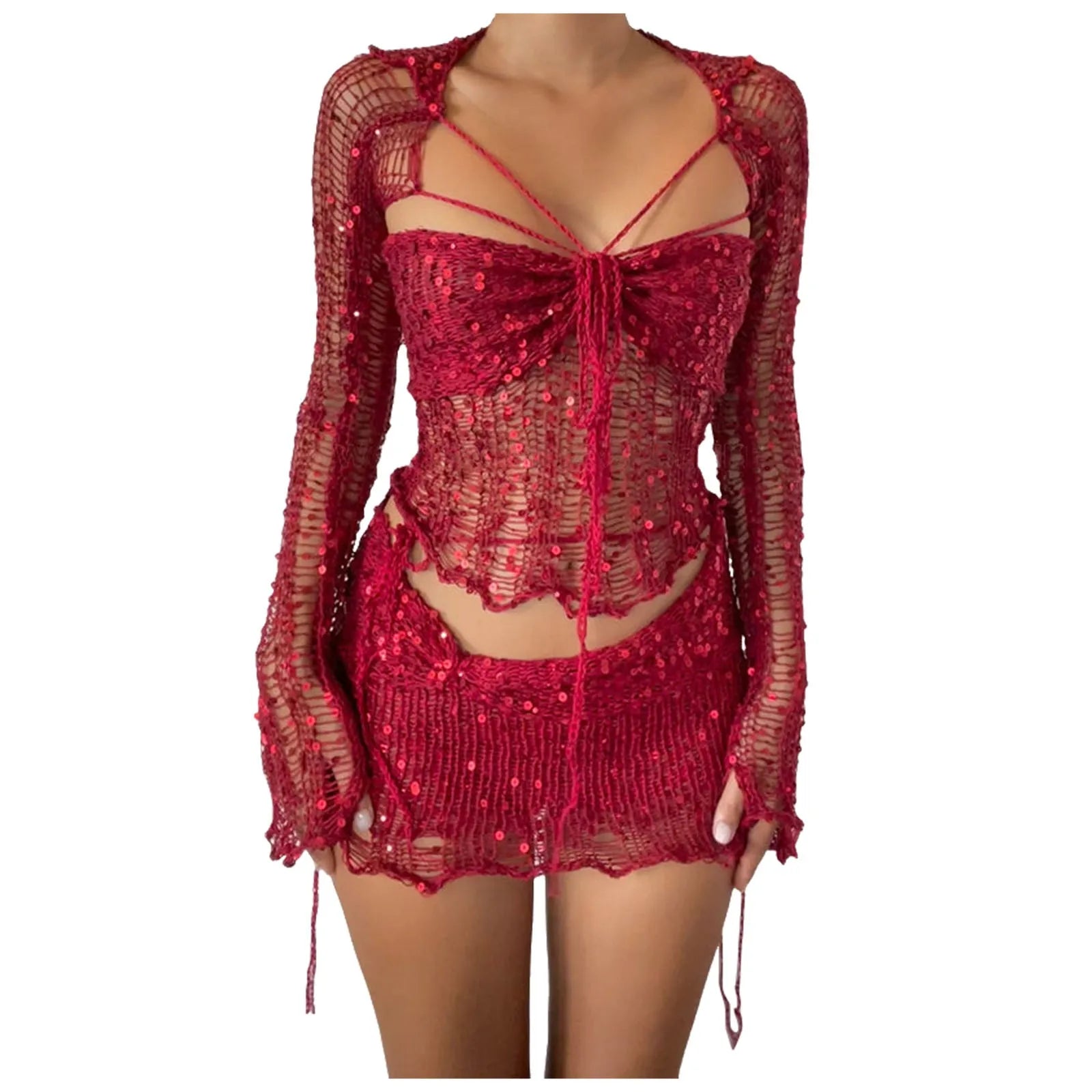 Crochet Knitted Dress 2 Piece Skirt Sets 2025 Women Clothes Sexy Crop Tops Nightclub Knit Sequin Dress 2 Piece Set Outfits