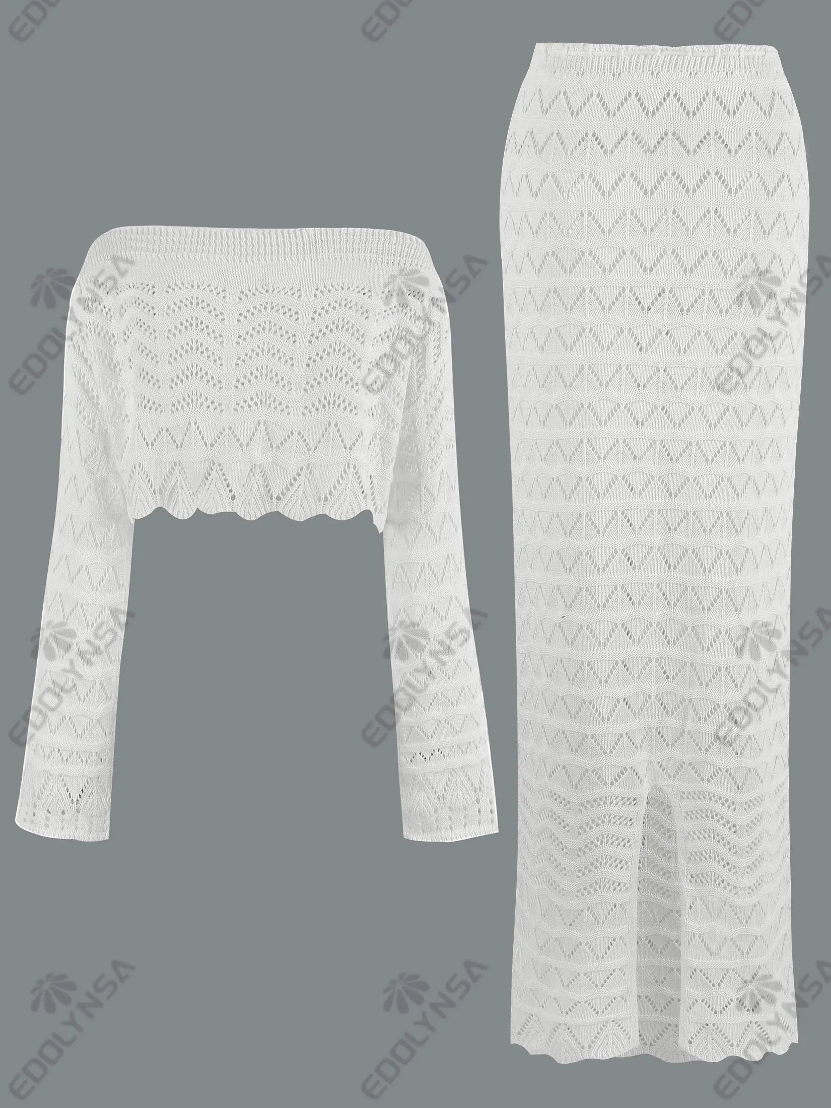 2025 Women Summer Sexy Knit One-neck Long Sleeve Short Top Drawstring Half Skirt Beach Two-piece Swimsuit Cover Up Chic Set K172