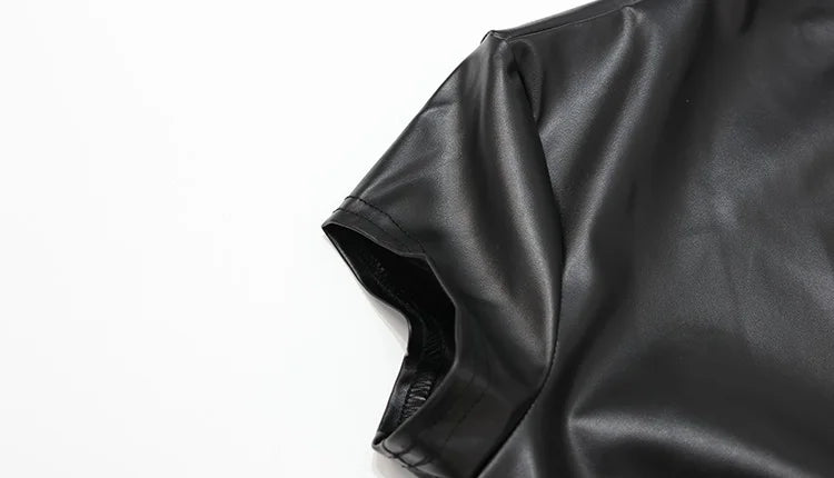 CNYISHE PU Leather Button Solid Short Sleeve Women Tops Sheath Fashion High Collar Blouse Fitness Female Sexy Club Tees Chic