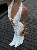 White Lace Hollow-out Halter Dress Women Chic Sexy Sleeveless Off-shoulder Backless Maxi Dresses Lady Vacation Beach 2026 Gowns