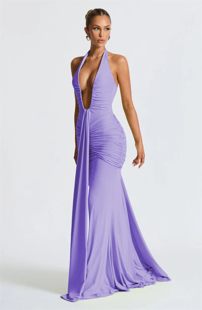 Mozision Deep V Neck Draped Ruched Sexy Maxi Dress Women Summer Fashion Halter Sleeveless Backless Club Party Long Dress Elegant