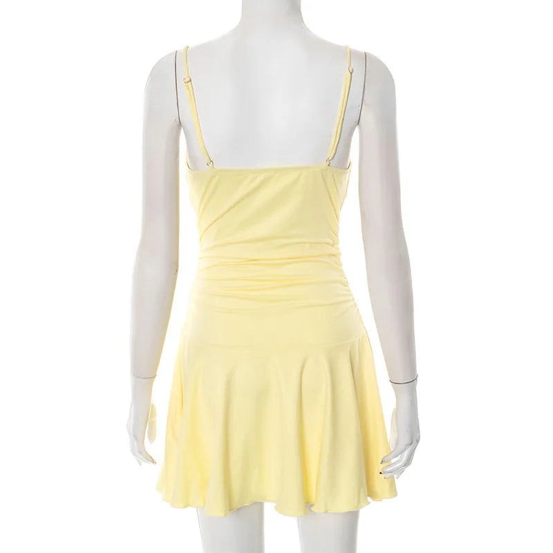 Talenza V-Neck Ruffle Halter Dress Summer New Sexy Sleeveless High Waist Party Pleated Dress Fashion Solid Party Women's Dresses