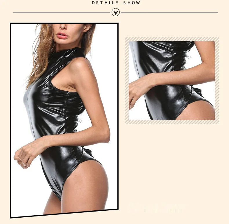 S-4XL Sleeveless High Collar Shiny Faux PU Leather Catsuit Two Way Zipper Open Crotch Bodysuit Tights Sexy Body Teddies Swimsuit