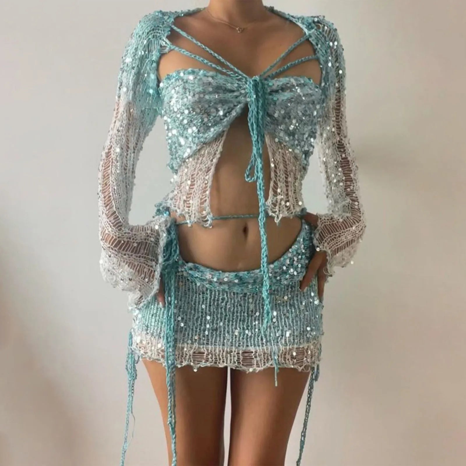 Crochet Knitted Dress 2 Piece Skirt Sets 2025 Women Clothes Sexy Crop Tops Nightclub Knit Sequin Dress 2 Piece Set Outfits