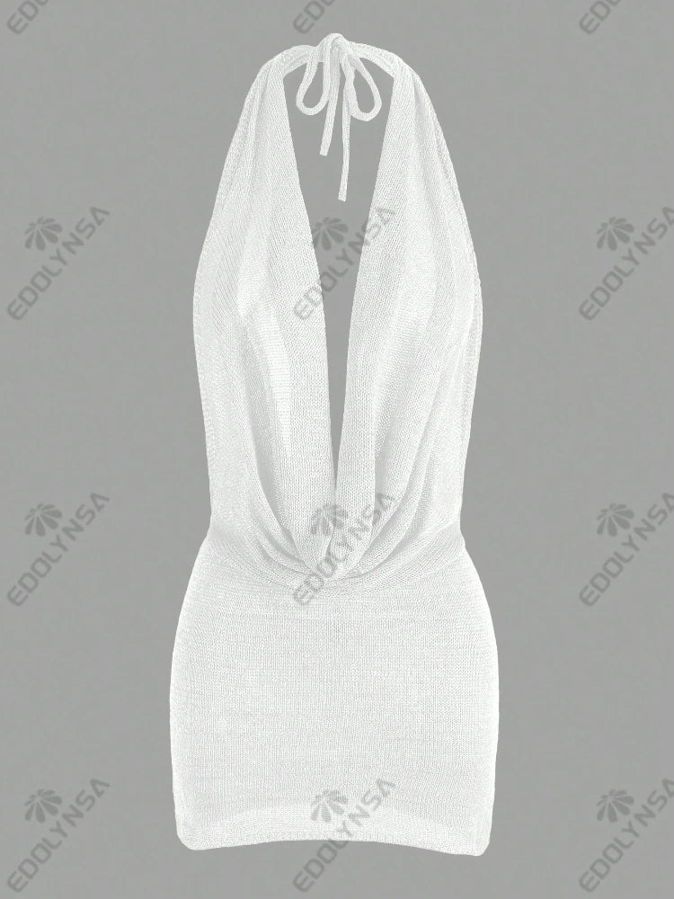 2026 Women's Chic Bright Knitted Dresses Sexy Stacked V Halter Neck Backless Knit Beach Mini Dress Summer Swimsuit Cover Up K145