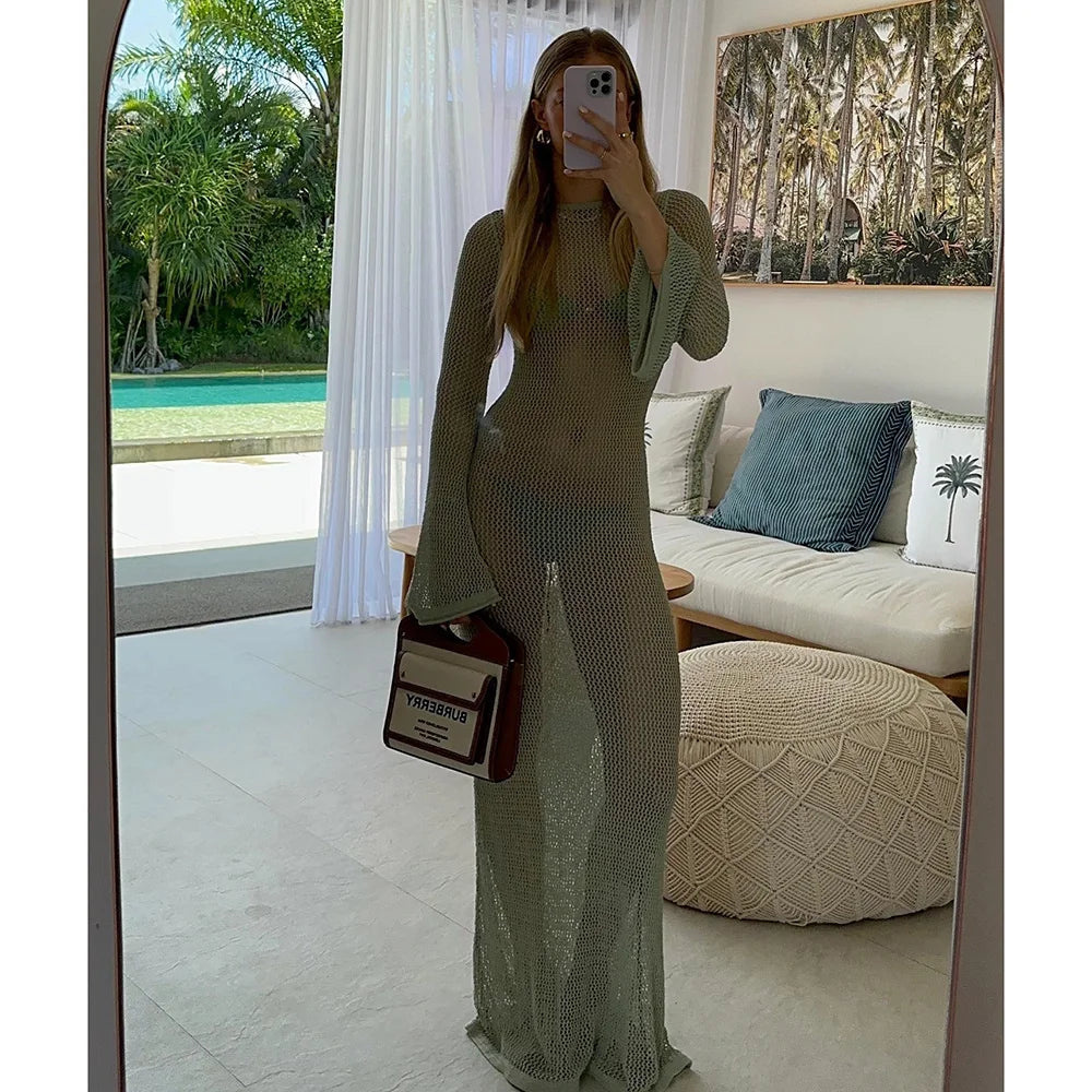 2026 Beach Cover Up Crochet Tunic Bikini Cover-ups Long Sleeve Sexy Hollow Out See Through Maxi Knit Dress Women Summer Outfits