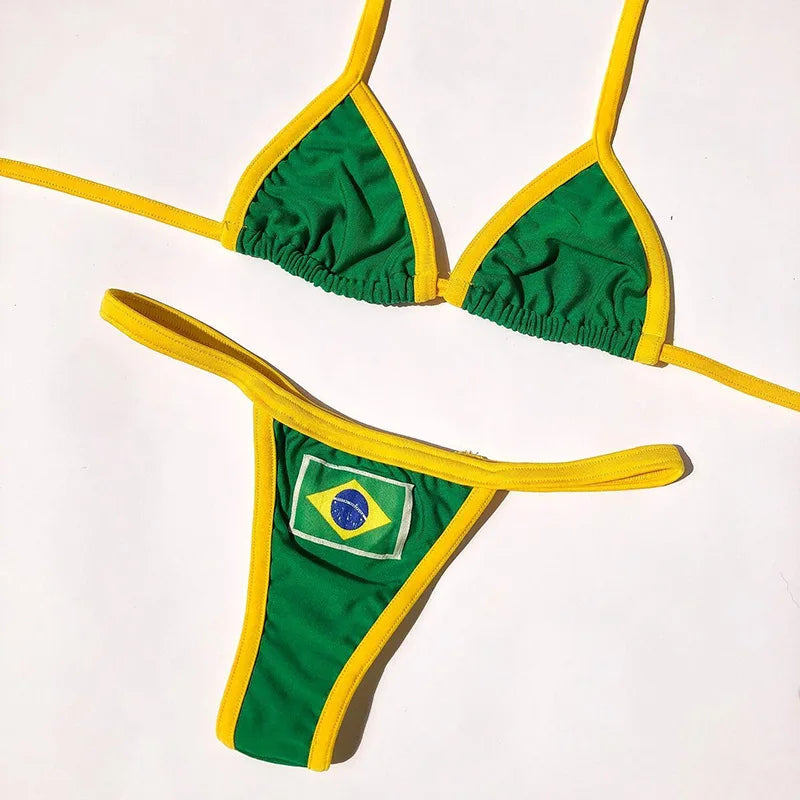 Embroidery Letter Jamaica Color Contrast Split Bikini Set Women Swimwear Patchwork Swimsuit Hottie Outfit Summer Beachwear