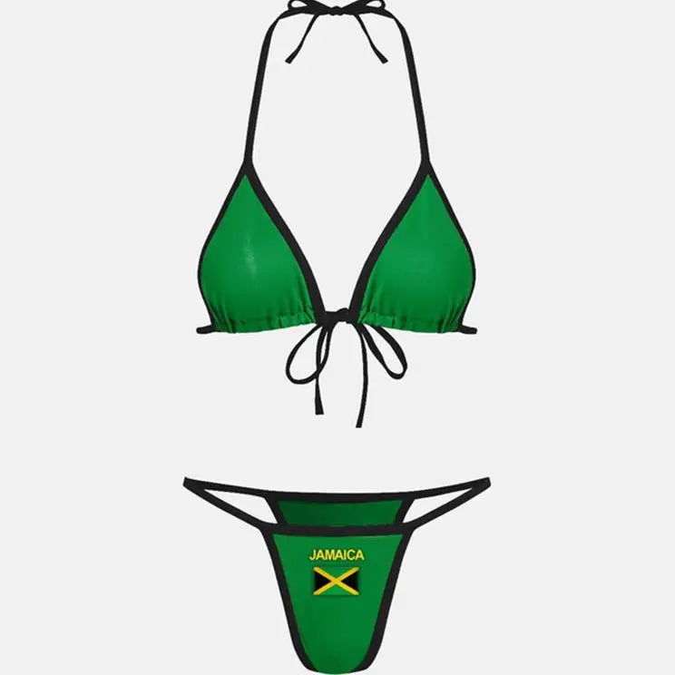 Embroidery Letter Jamaica Color Contrast Split Bikini Set Women Swimwear Patchwork Swimsuit Hottie Outfit Summer Beachwear