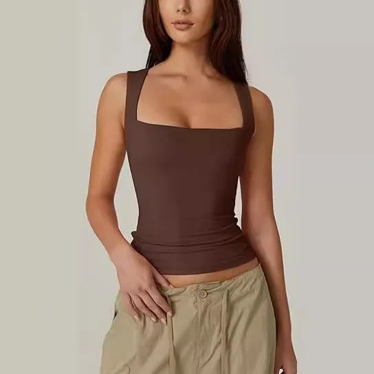 2025 Summer Women's Square Neck Sleeveless Double Layer Tank Top Basic Tight T-shirt Y2k  Pink Goth Tank Top Women  Crop Tops