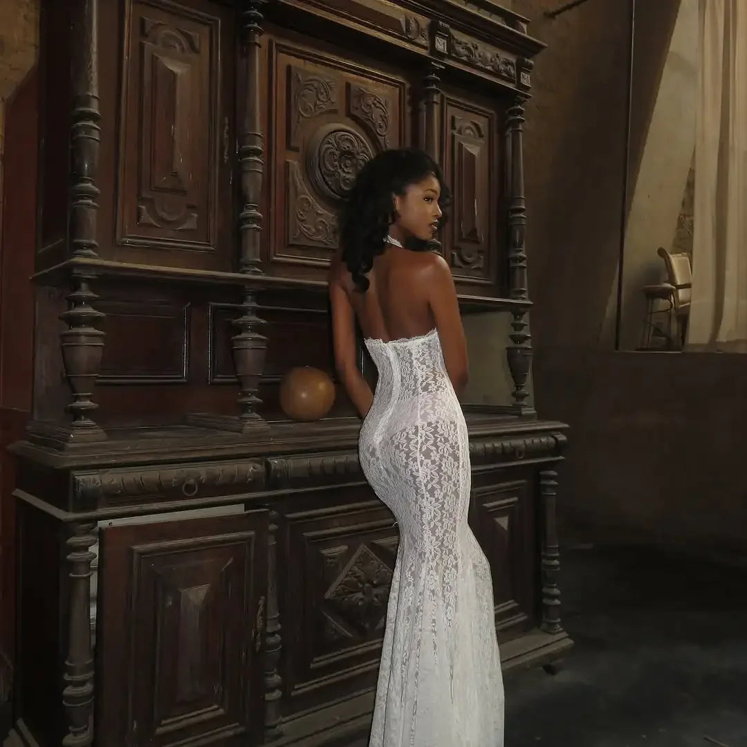 White Lace Hollow-out Halter Dress Women Chic Sexy Sleeveless Off-shoulder Backless Maxi Dresses Lady Vacation Beach 2026 Gowns