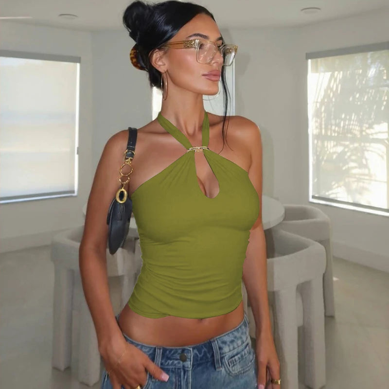 Hugcitar Women Fashion Halter Solid Loop Backless Bandage Sexy Crop Tank Top 2025 Summer Casual Clothes Streetwear Vacation Club