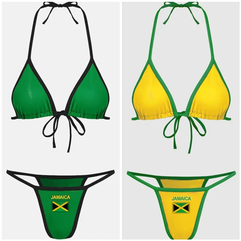 Embroidery Letter Jamaica Color Contrast Split Bikini Set Women Swimwear Patchwork Swimsuit Hottie Outfit Summer Beachwear