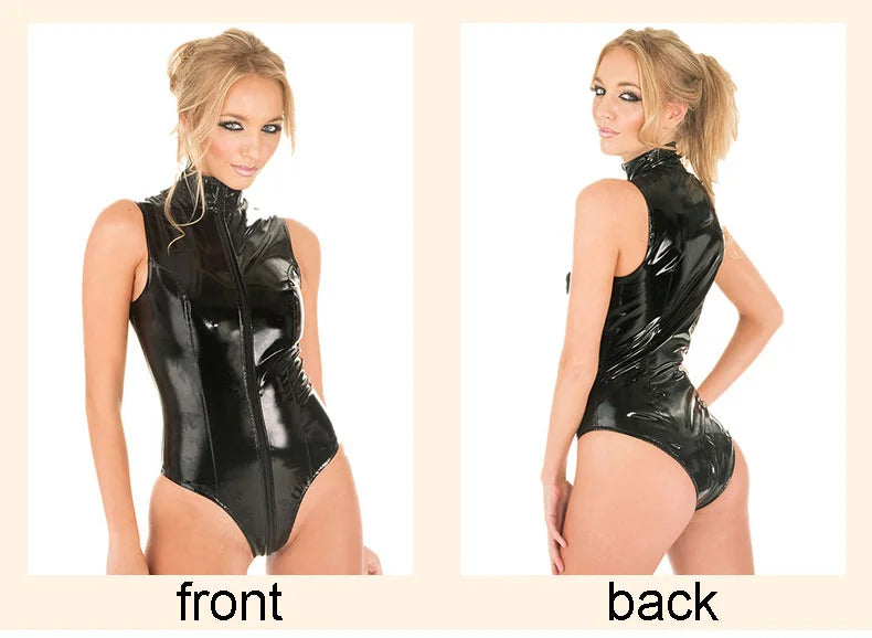 S-4XL Sleeveless High Collar Shiny Faux PU Leather Catsuit Two Way Zipper Open Crotch Bodysuit Tights Sexy Body Teddies Swimsuit