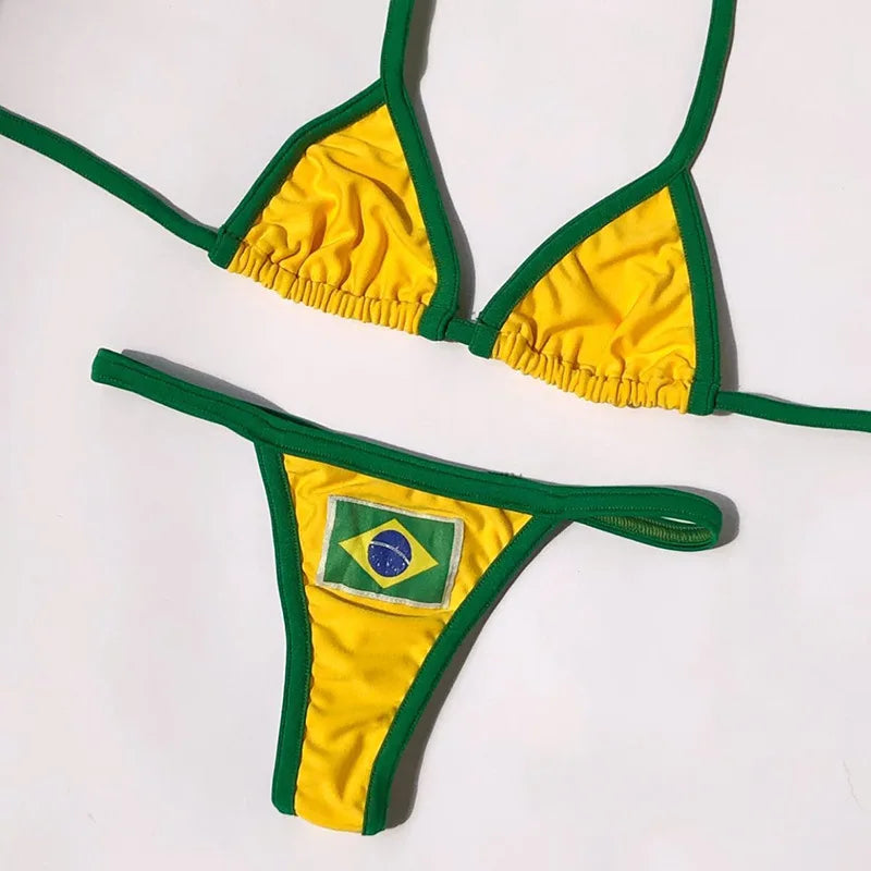 Embroidery Letter Jamaica Color Contrast Split Bikini Set Women Swimwear Patchwork Swimsuit Hottie Outfit Summer Beachwear