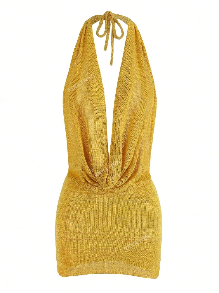 2026 Women's Chic Bright Knitted Dresses Sexy Stacked V Halter Neck Backless Knit Beach Mini Dress Summer Swimsuit Cover Up K145