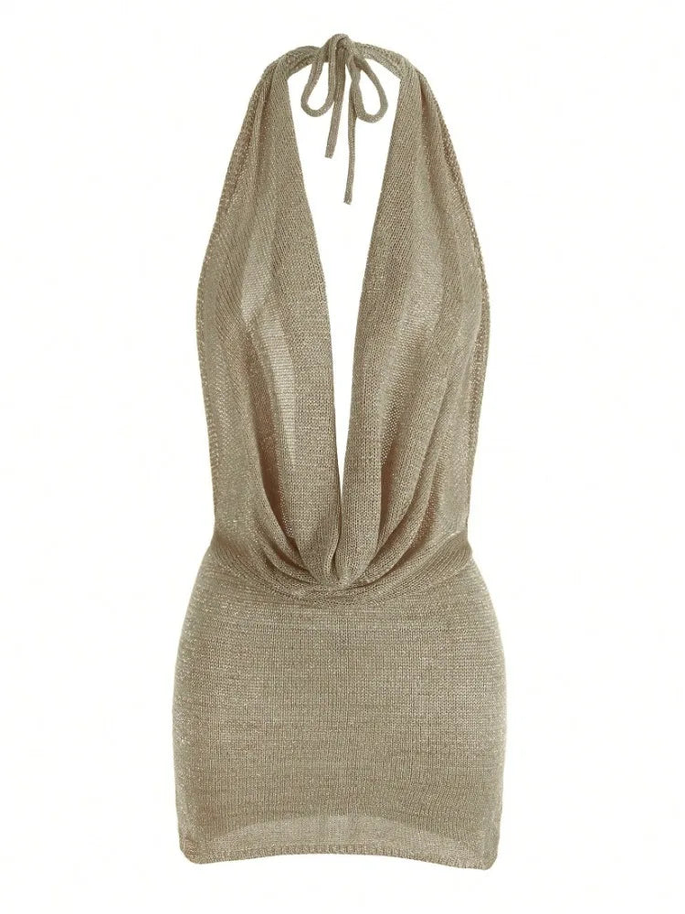 2026 Women's Chic Bright Knitted Dresses Sexy Stacked V Halter Neck Backless Knit Beach Mini Dress Summer Swimsuit Cover Up K145
