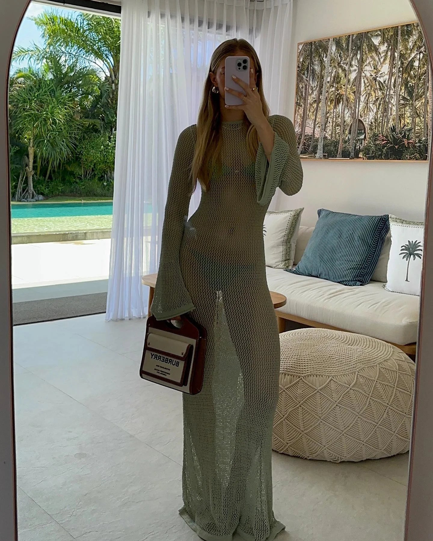 2026 Beach Cover Up Crochet Tunic Bikini Cover-ups Long Sleeve Sexy Hollow Out See Through Maxi Knit Dress Women Summer Outfits