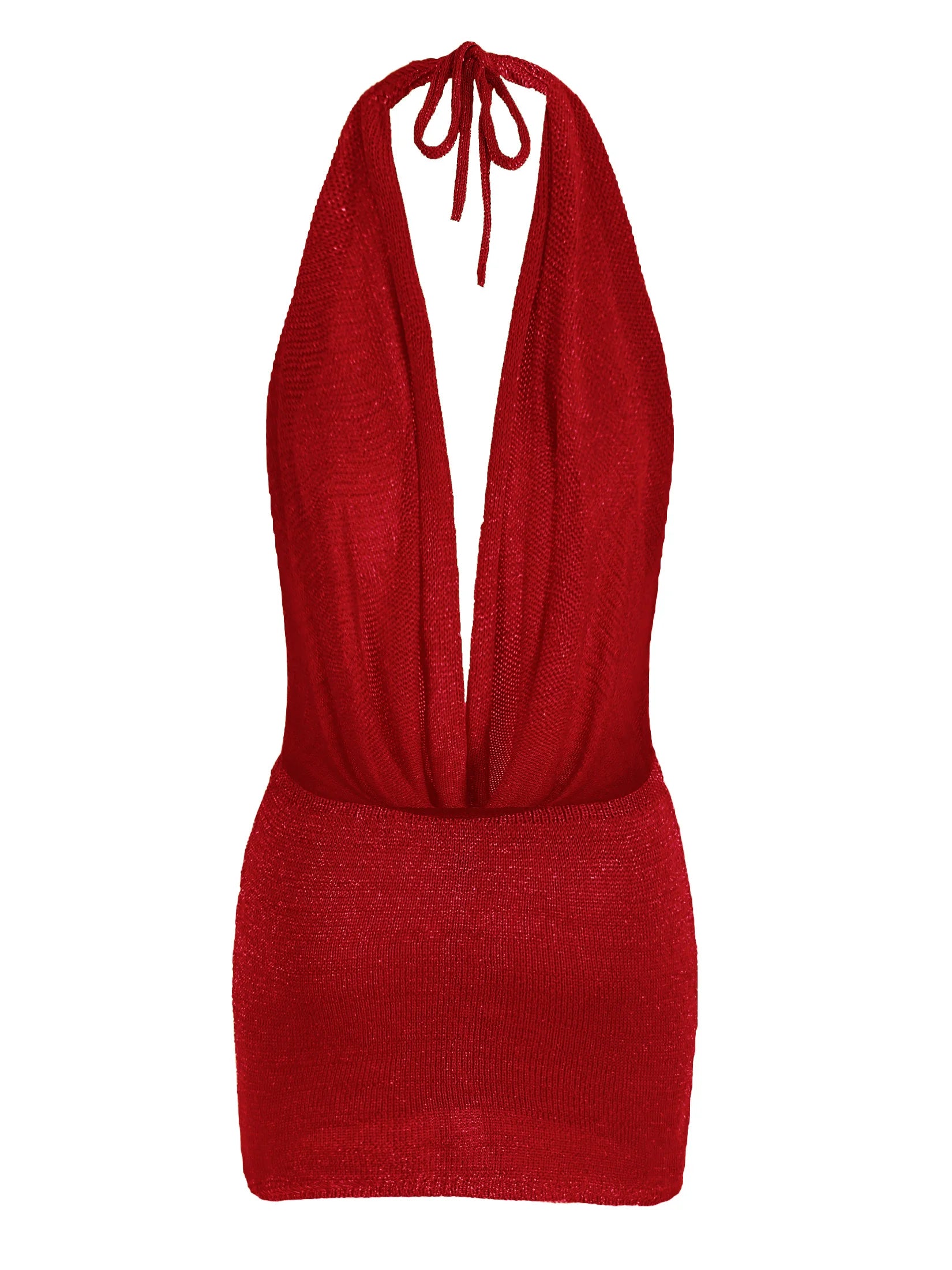 2026 Women's Chic Bright Knitted Dresses Sexy Stacked V Halter Neck Backless Knit Beach Mini Dress Summer Swimsuit Cover Up K145