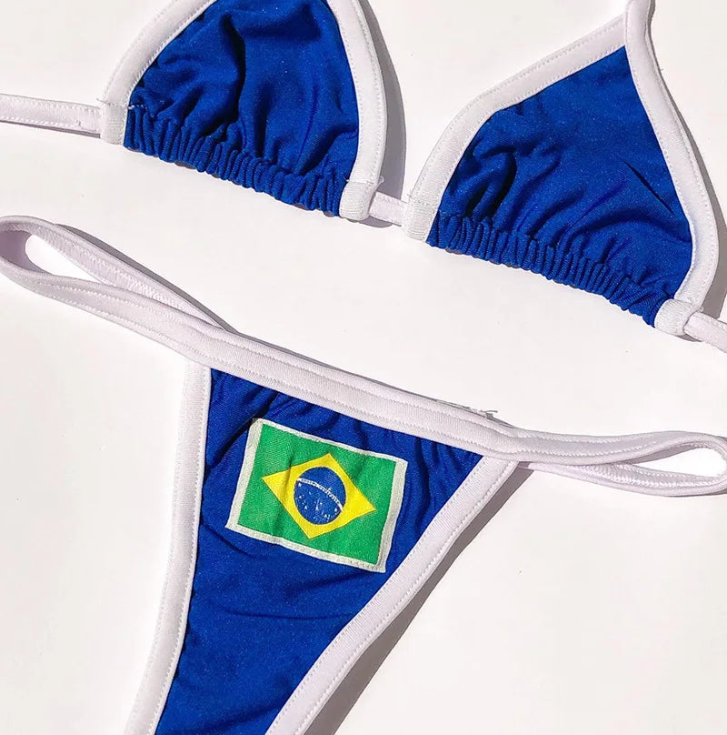 Embroidery Letter Jamaica Color Contrast Split Bikini Set Women Swimwear Patchwork Swimsuit Hottie Outfit Summer Beachwear