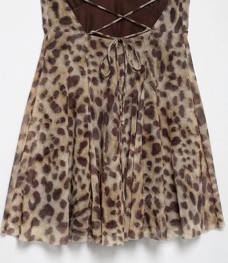 MUJER 2025 Tulle Mini Dress Woman Leopard Print Slip Dress Women Sexy Backless Short Dresses for Women Draped Party Dresses
