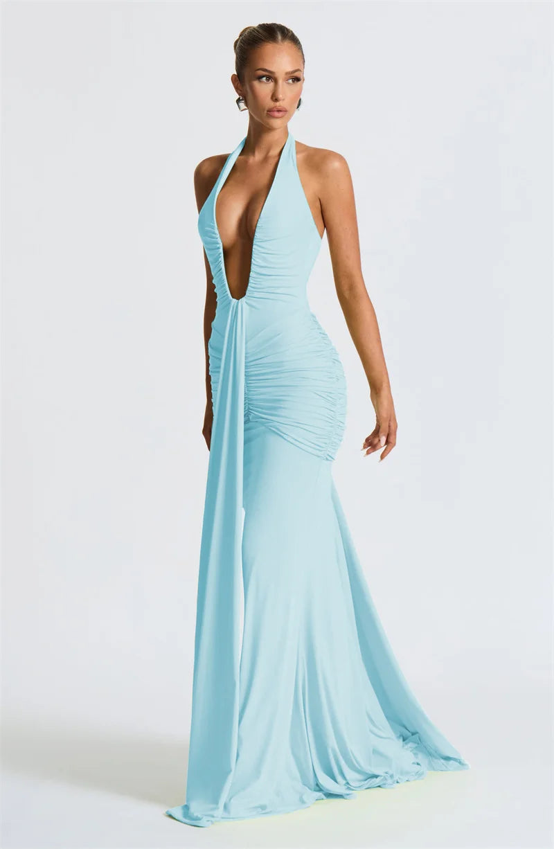 Mozision Deep V Neck Draped Ruched Sexy Maxi Dress Women Summer Fashion Halter Sleeveless Backless Club Party Long Dress Elegant