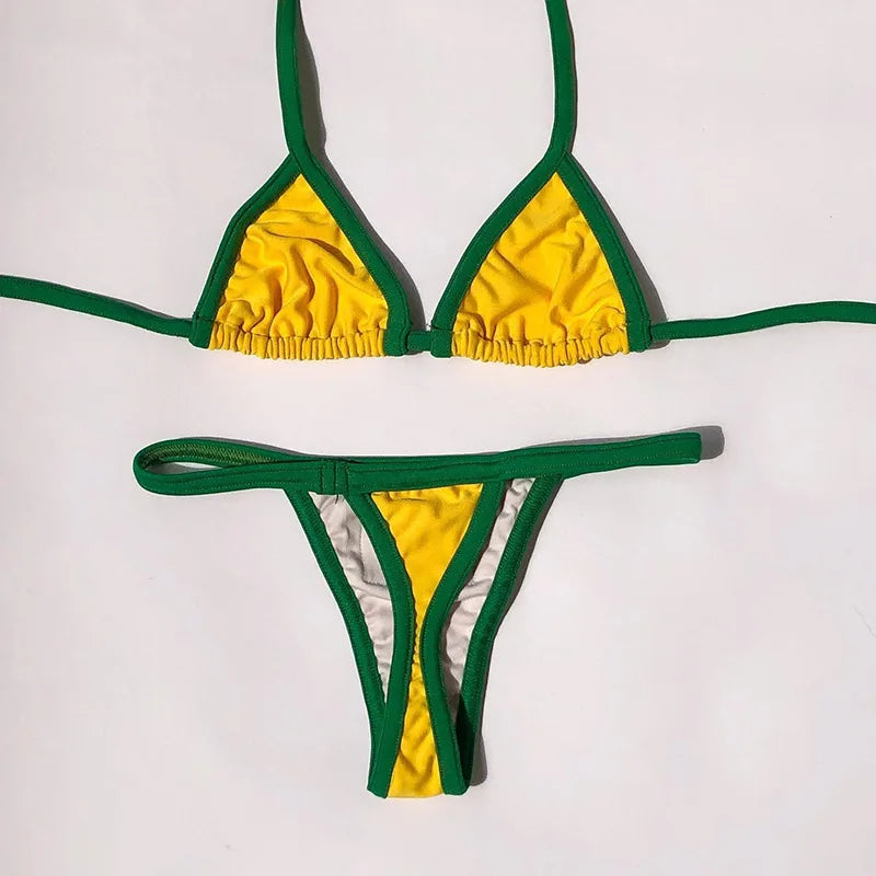 Embroidery Letter Jamaica Color Contrast Split Bikini Set Women Swimwear Patchwork Swimsuit Hottie Outfit Summer Beachwear