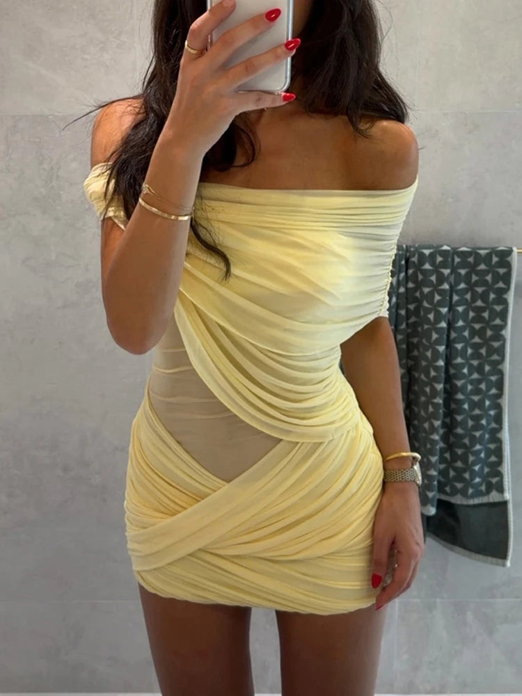 Nibber Prom Party Dress Women Sexy Patchwork Sexy Multi-Layer Mesh Cross Peach Hip Chic Clubwear Birthday Vacation Mini Bodycon