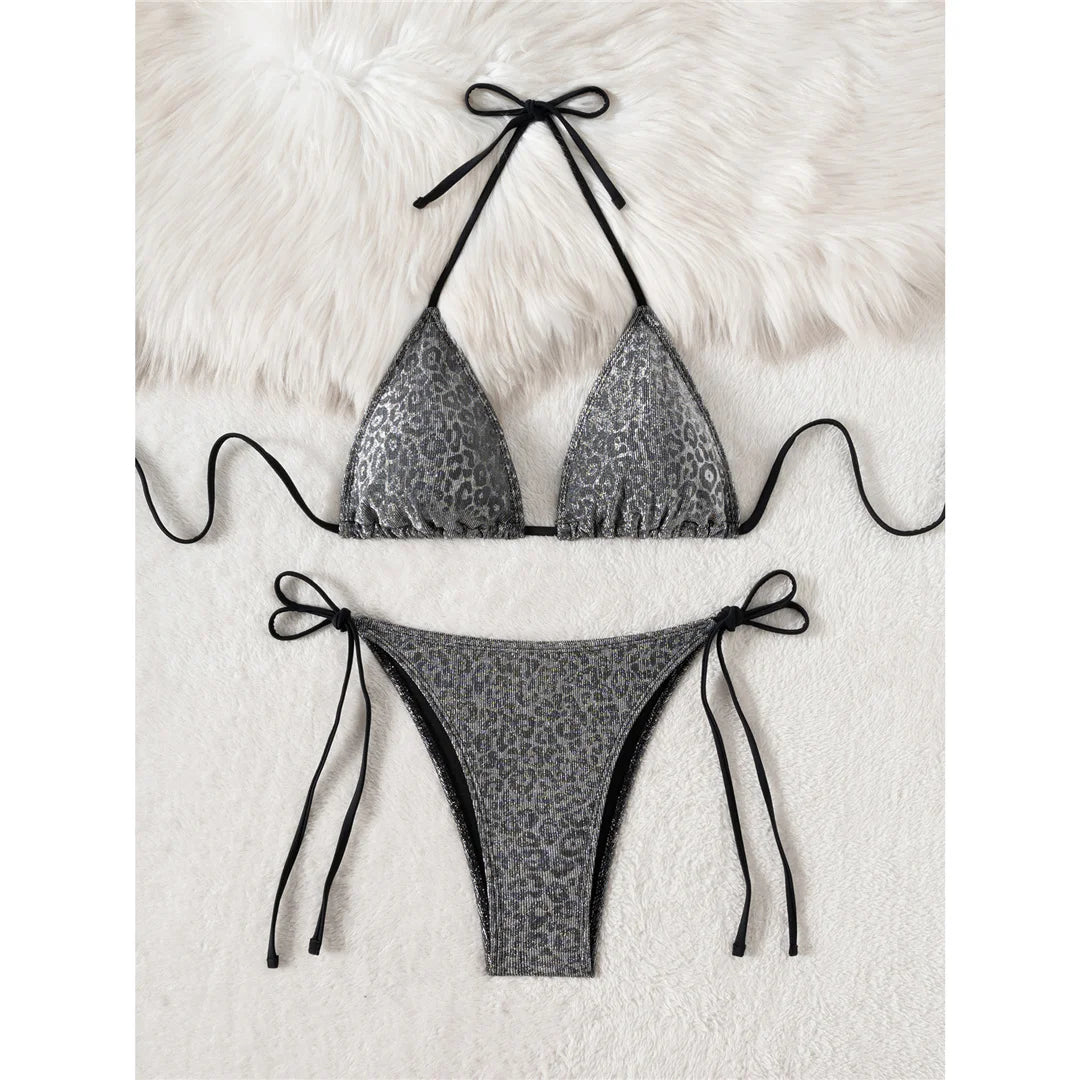 Sparkling Leopard Halter Bikini Female Swimsuit Women Swimwear Two-pieces Bikini set High Leg Cut Bather Bathing Suit Swim V7182