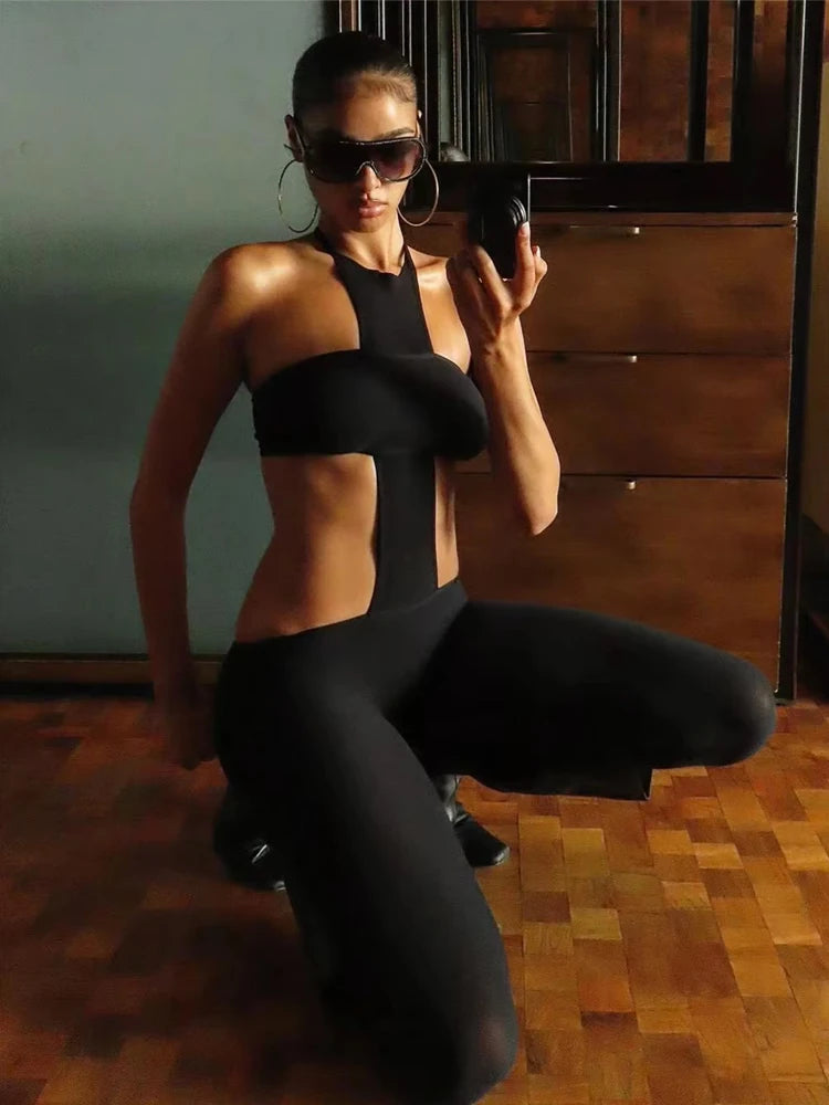 Weird Puss Sexy Backless Jumpsuit Women Halter Sleeveless Waistless Skinny Stretch Midnight Clubwear Fitness Activity Clubwear
