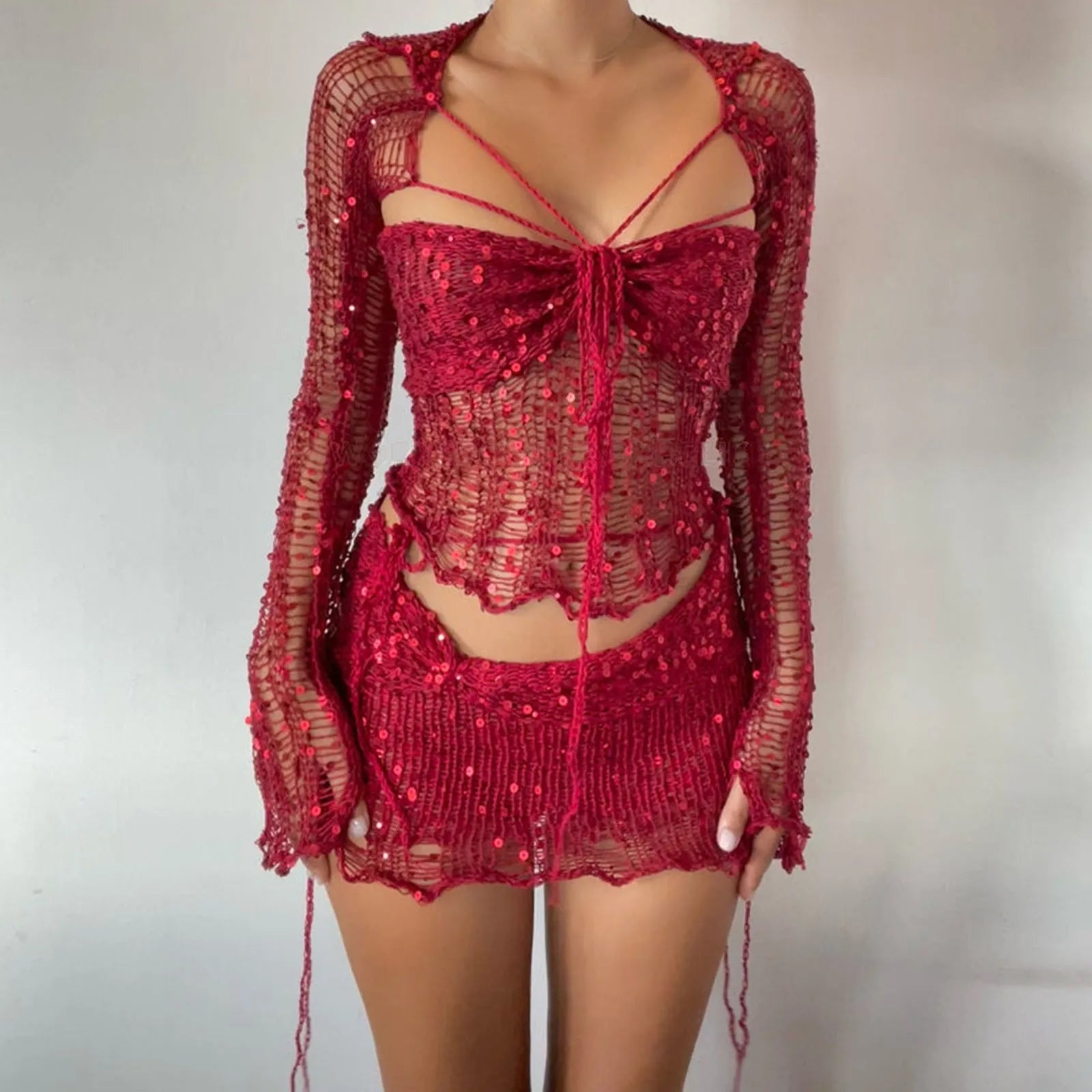 Crochet Knitted Dress 2 Piece Skirt Sets 2025 Women Clothes Sexy Crop Tops Nightclub Knit Sequin Dress 2 Piece Set Outfits