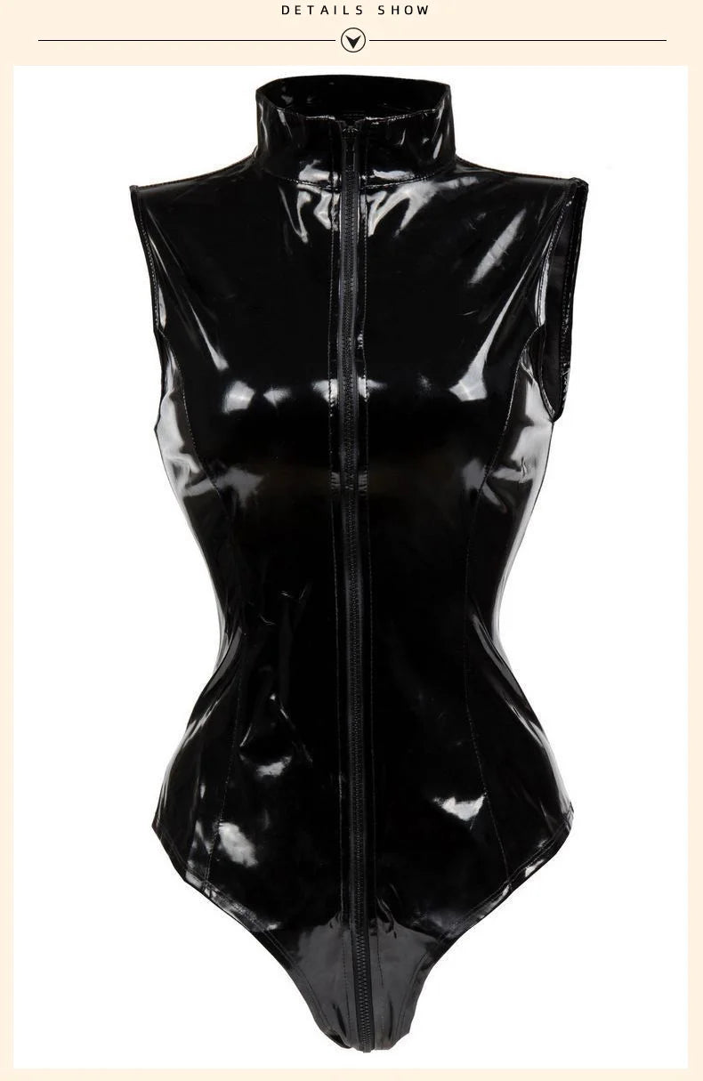 S-4XL Sleeveless High Collar Shiny Faux PU Leather Catsuit Two Way Zipper Open Crotch Bodysuit Tights Sexy Body Teddies Swimsuit