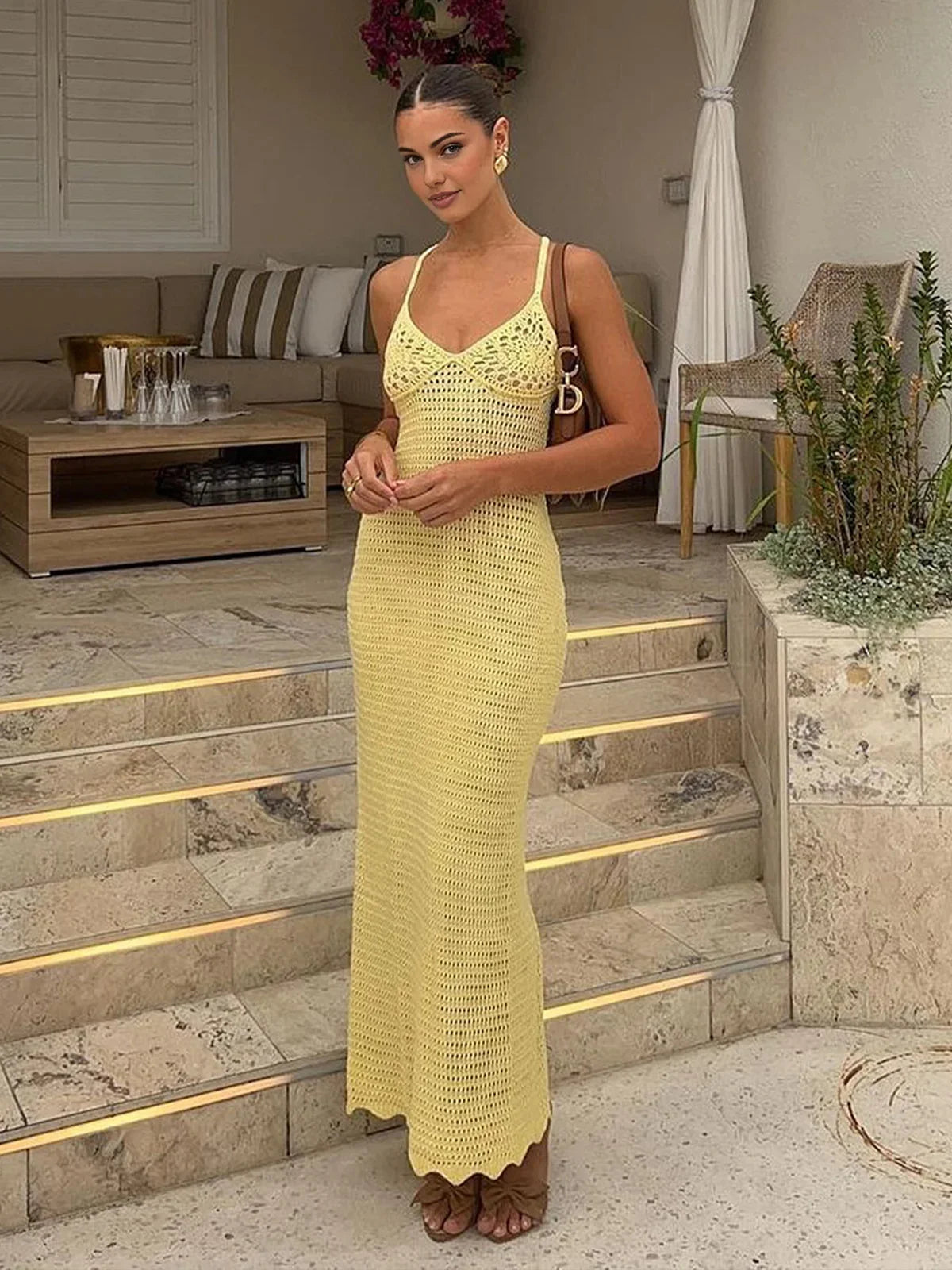2026 Solid Colour Sexy Knit Cut Out Holiday Swimsuit Cover Up Women's Summer V-Neck Spaghetti Strap Bodycon Beach Maxi Dress K32