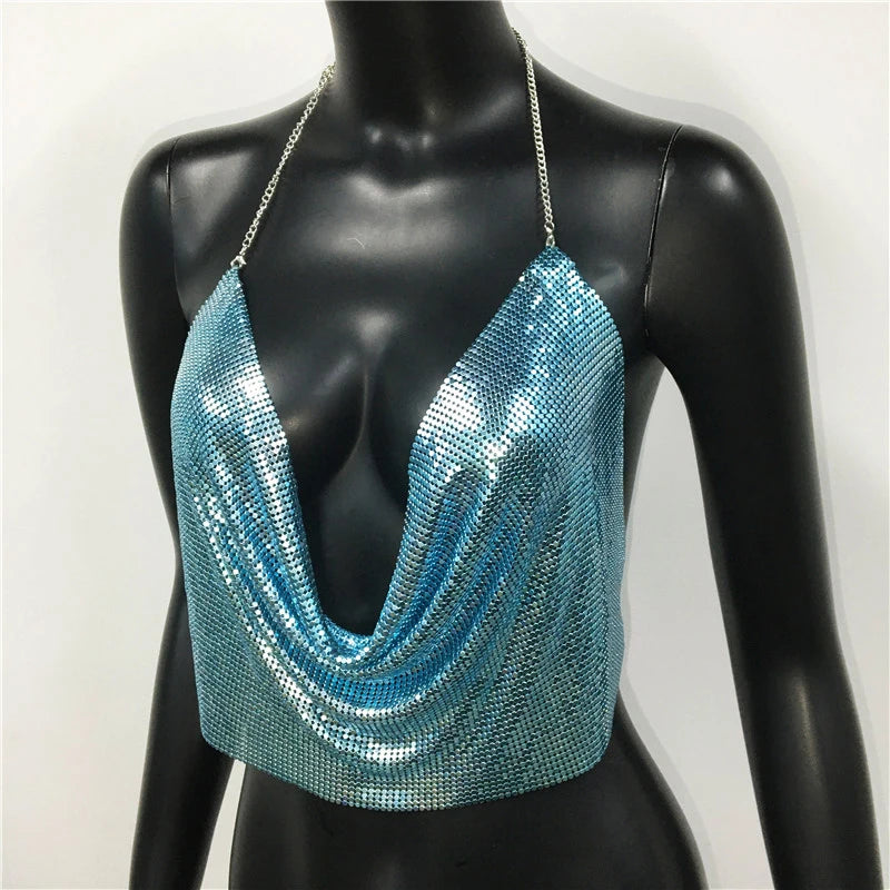 AKYZO Women 2025 Sexy Metal Sequined Tank Camis Summer Gold Silver Backless Cropped Glitter Beach Club Show Wear Tank Tops