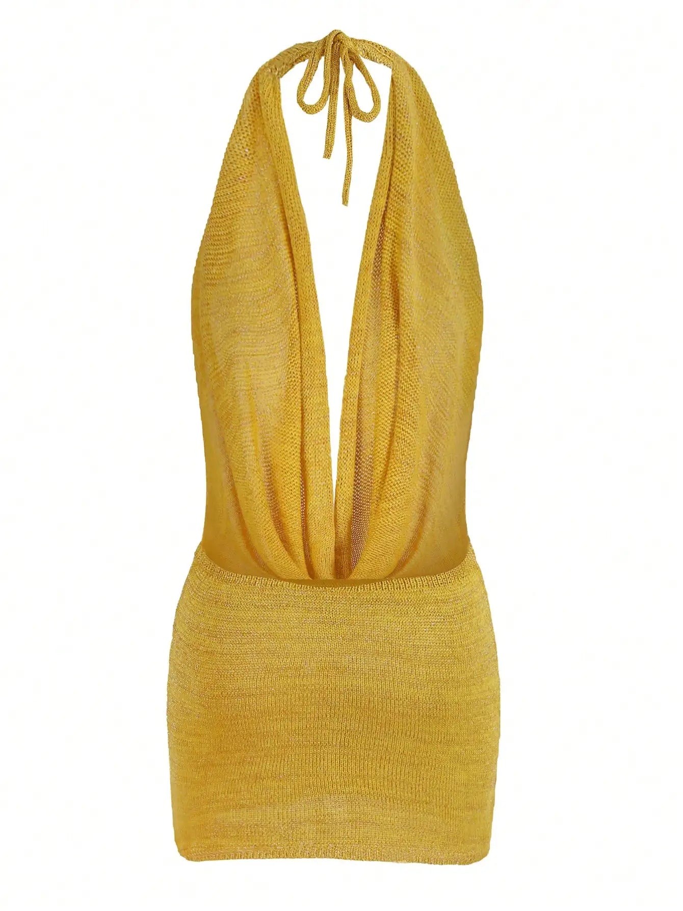 2026 Women's Chic Bright Knitted Dresses Sexy Stacked V Halter Neck Backless Knit Beach Mini Dress Summer Swimsuit Cover Up K145