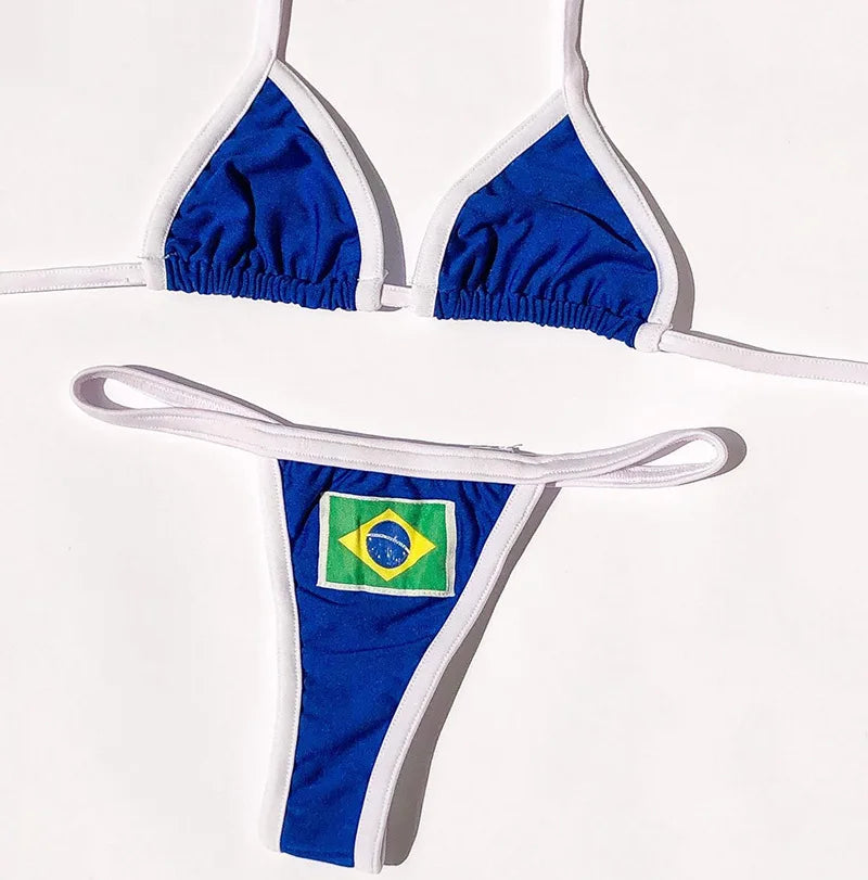 Embroidery Letter Jamaica Color Contrast Split Bikini Set Women Swimwear Patchwork Swimsuit Hottie Outfit Summer Beachwear