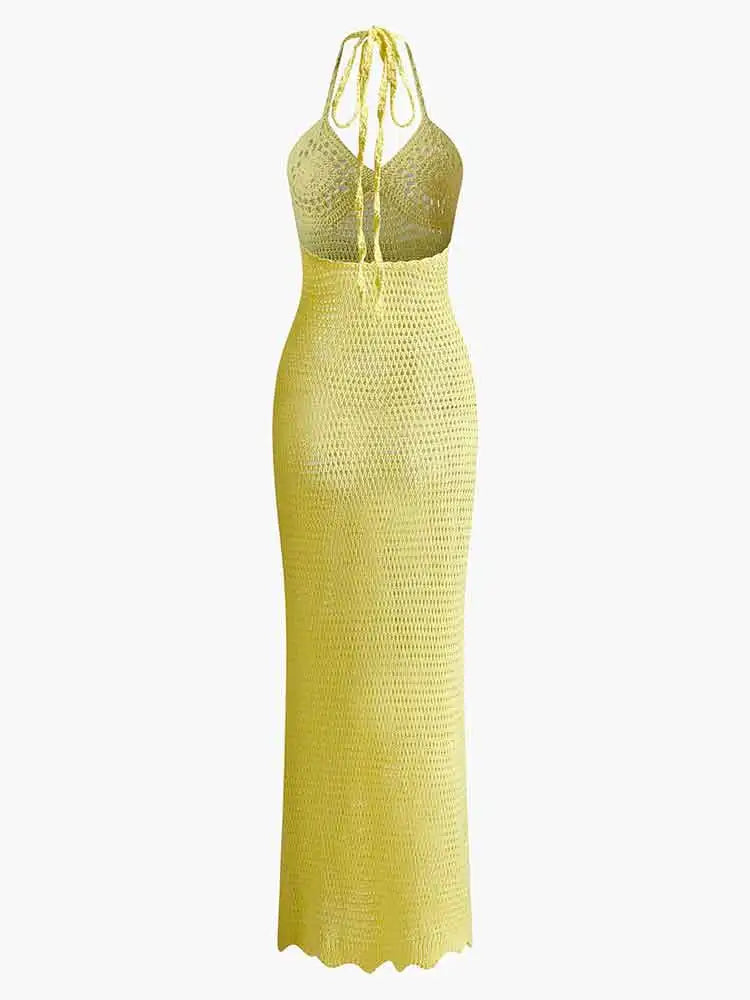 2026 Solid Colour Sexy Knit Cut Out Holiday Swimsuit Cover Up Women's Summer V-Neck Spaghetti Strap Bodycon Beach Maxi Dress K32